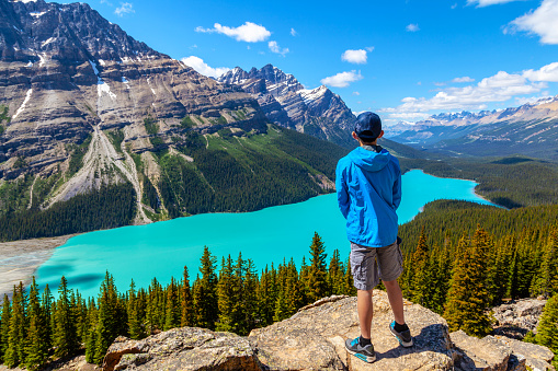 A teen hiker looks at Peyto Lake from Bow Summit in Banff National Park on the Icefields Parkway. The glacier-fed lake is famous for its bright turquoise colored waters in the summer.