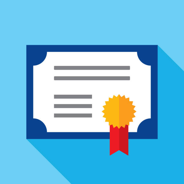 Certificate Icon Flat Vector illustration of a certificate against a blue background in flat style. diploma stock illustrations