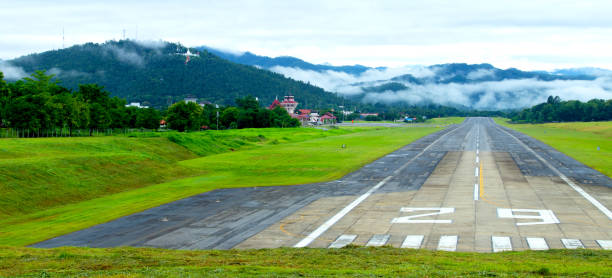 istock Airport runway with mountain in countryside 1007016806