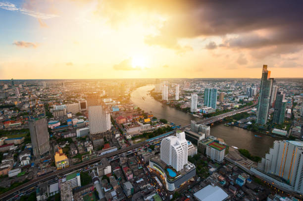 istock Panoramic view Cityscape business district from aerial view high building at dusk (Bangkok, Thailand) 1007030710