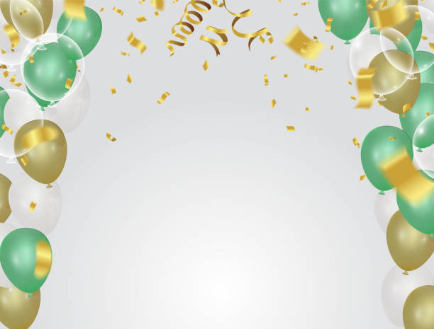 glücklich geburtstag typografie vektor-design für grußkarten und poster mit grünen gold ballon - confetti balloon white background isolated stock-grafiken, -clipart, -cartoons und -symbole