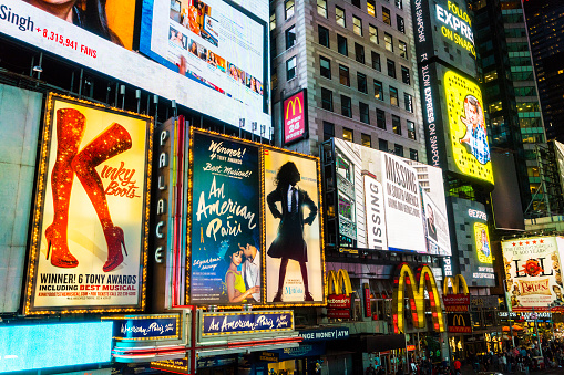 New York, NY, USA - May 19, 2016: Electronic billboards in Times Square New York advertising theatre shows are displayed on the buildings along 7th Avenue. Night shot of Broadway, Manhattan, NY