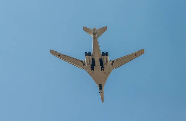 Russian strategic bomber Tu-160 White Swan Russian strategic bomber Tu-160 White Swan, Blackjack according to NATO classification, coming in for a landing with landing gear tu160 stock pictures, royalty-free photos & images