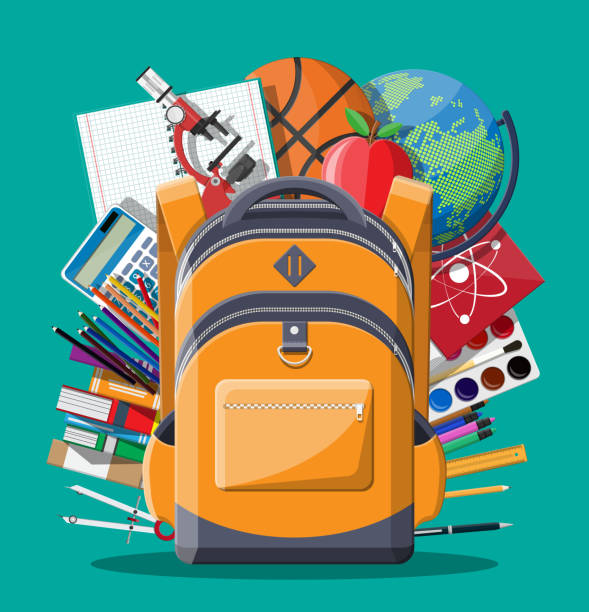 ilustraciones, imágenes clip art, dibujos animados e iconos de stock de concepto de objetivo y estudio educación. - textbook book apple school supplies