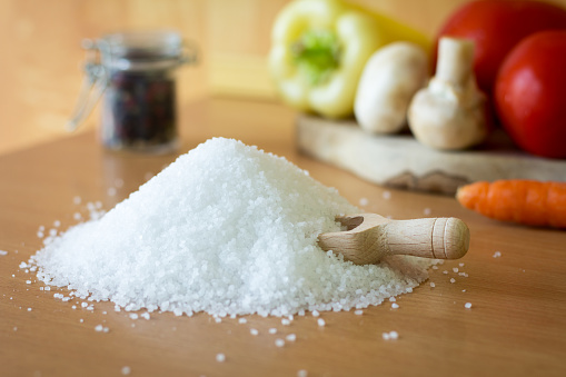 A pile of natural sea salt on the table