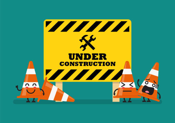 Under construction sign and traffic cones character Under construction sign and traffic cones character. Vector illustration construction stock illustrations