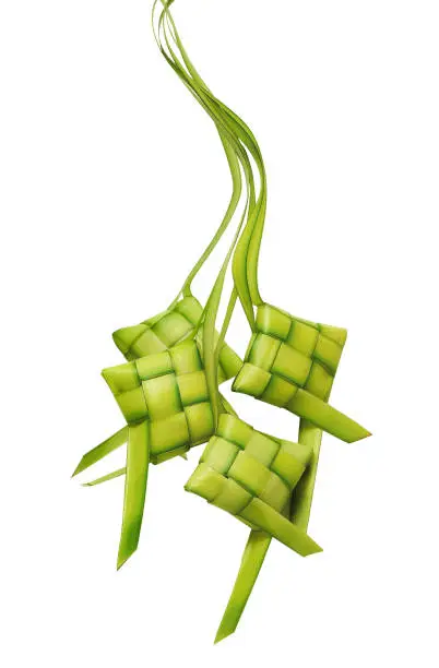 Ketupat or rice dumpling is a local delicacy during the festive season. Ketupats, a natural rice casing made from young coconut leaves for cooking rice on a white background