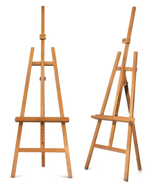 Photo of Wooden display easel front and side view isolated on a white background.