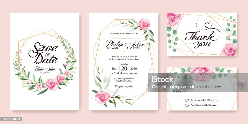 Convite do casamento, salve a data, obrigado, modelo de Design de cartão de rsvp. Vector. Verão dólar prata rosa, flor, rosa, verde-oliva folhas, flor de cera. - Vetor de Flor royalty-free