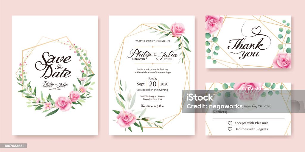 Wedding Invitation, save the date, thank you, rsvp card Design template. Vector. Summer flower, pink rose, silver dollar, olive leaves, Wax flower. Flower stock vector