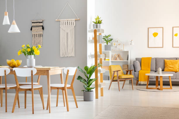 istock White wooden chairs at dining table in bright open space interior with armchair and couch. Real photo 1007084500