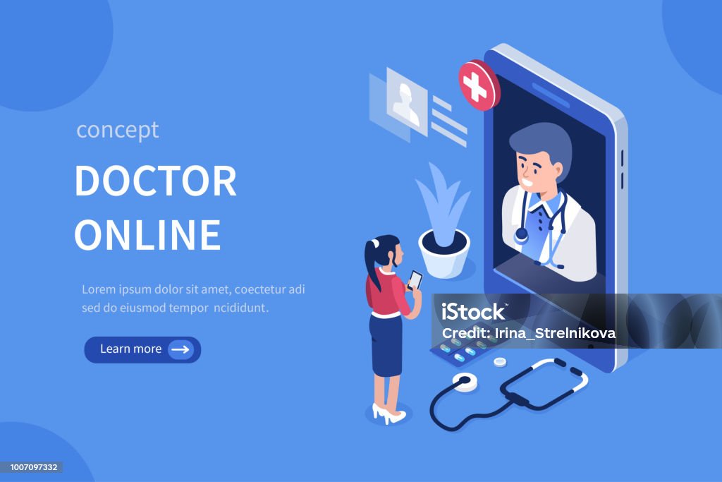 doctor online Doctor online concept with character. Can use for web banner, infographics, hero images. Flat isometric vector illustration isolated on white background. Healthcare And Medicine stock vector