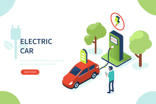 Electric car Electric car concept with character. Can use for web banner, infographics, hero images. Flat isometric vector illustration isolated on white background. phone charging station icon stock illustrations