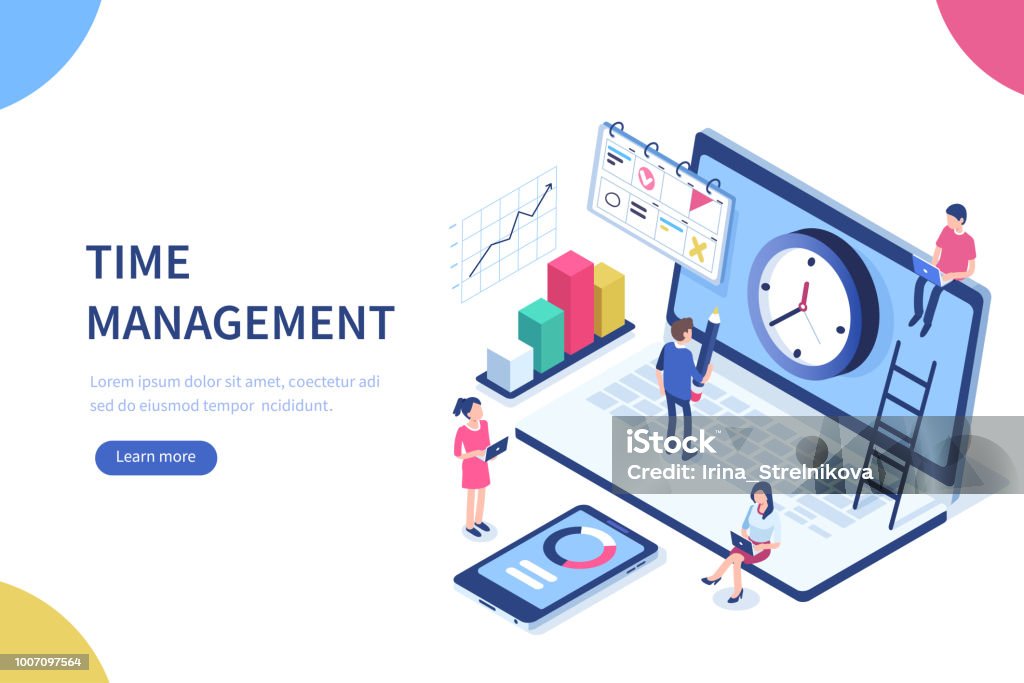 time management Time management banner with character and text place. Can use for web banner, infographics, hero images. Flat isometric vector illustration isolated on white background. Isometric Projection stock vector