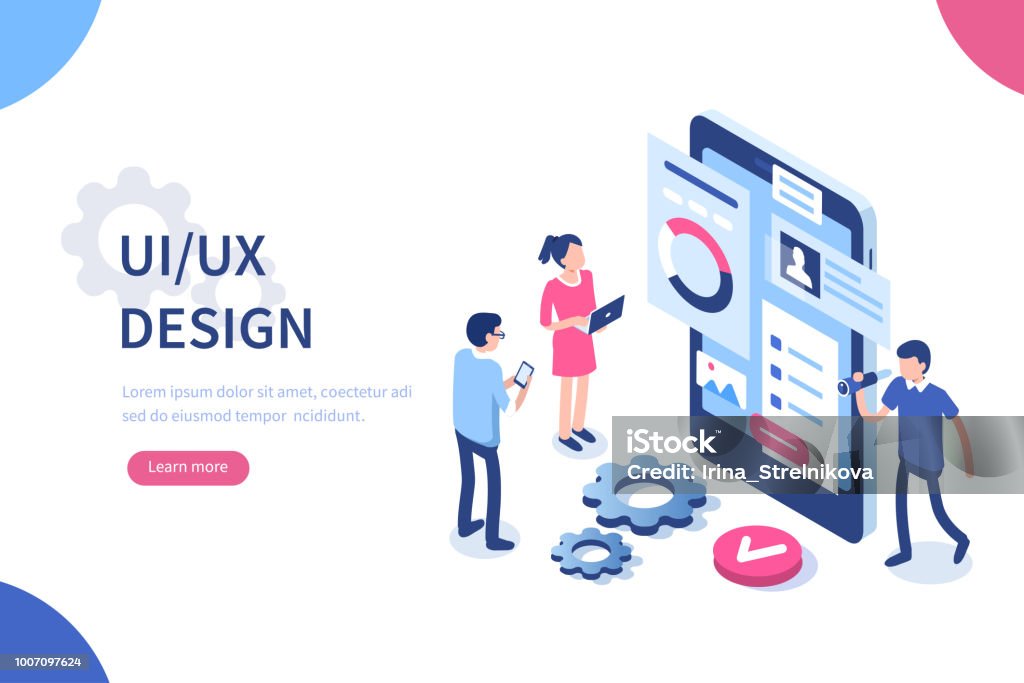 ux design UX / UI design concept with character and text place. Can use for web banner, infographics, hero images. Flat isometric vector illustration isolated on white background. Isometric Projection stock vector