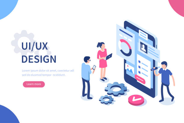 ux design UX / UI design concept with character and text place. Can use for web banner, infographics, hero images. Flat isometric vector illustration isolated on white background. designer stock illustrations
