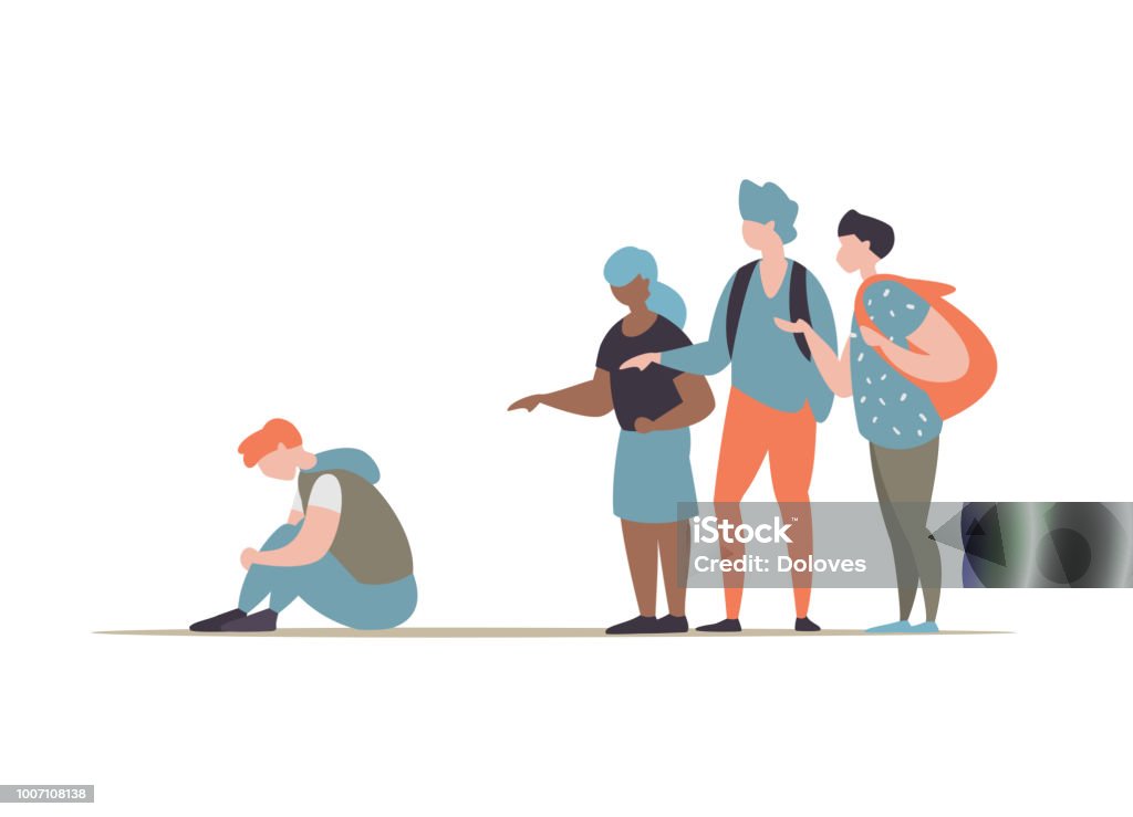 Group students bullying and suppress the guy Vector illustration group students or school people bullying and suppress the guy sitting on the floor. Concept discrimination, racism and negative communication in school and society Bullying stock vector