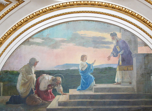 Fresco of Jesus as a Child at the Temple in Jerusalem, with Mother Mary and Joseph