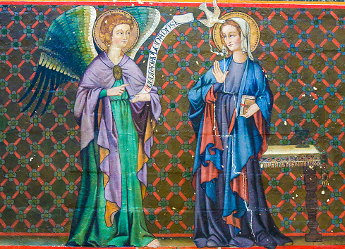 Mural fresco in the Cathedral of Bayeux, France, depicting the Annunciation with Mother Mary and the Archangel Gabriel