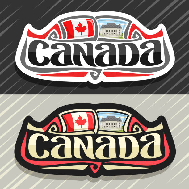 Vector label for Canada Vector label for Canada country, fridge magnet with canadian state flag, original brush typeface for word canada and national canadian symbol - Supreme Court in Ottawa on blue cloudy sky background. canadian flag maple leaf computer icon canada stock illustrations