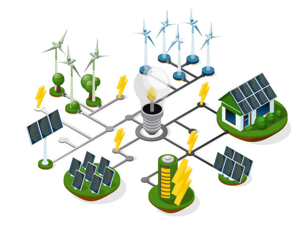 zestaw źródeł energii alternatywnej. zielonej energii. izometryczne 3d - solar flat panel stock illustrations