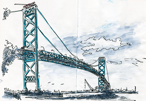 Ambassador Bridge over Detroit River, Windsor, Ontario. Fountain pen ink drawing and watercolor pencils. Drawn on Location.