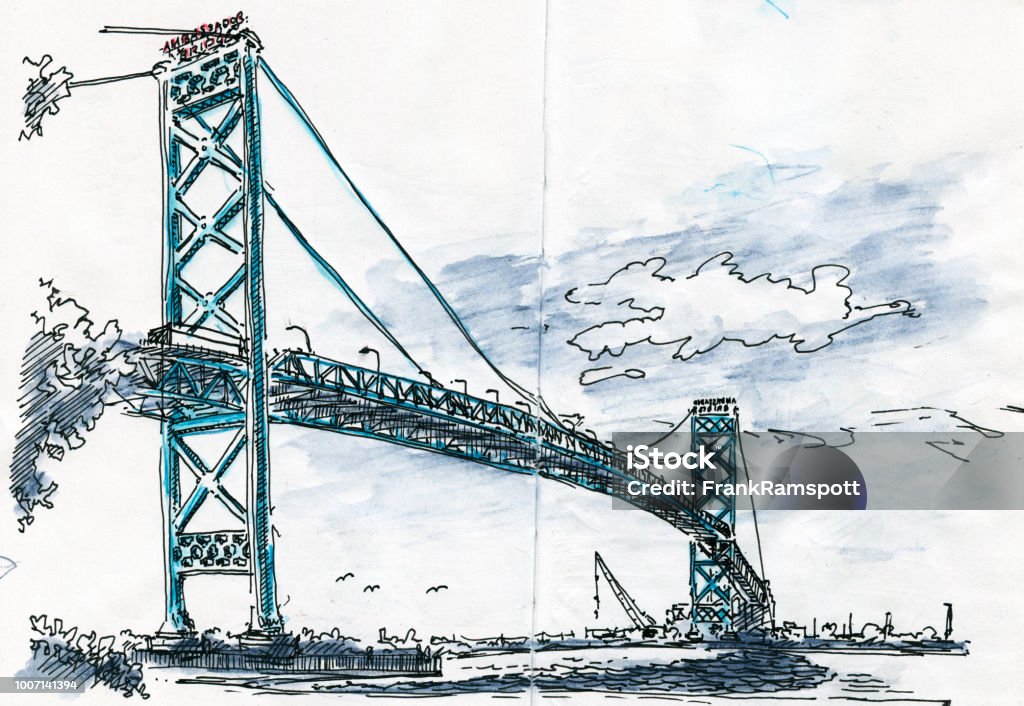 Ambassador Bridge Windsor Detroit Ink Drawing and Watercolor Ambassador Bridge over Detroit River, Windsor, Ontario. Fountain pen ink drawing and watercolor pencils. Drawn on Location. Ambassador Bridge stock illustration