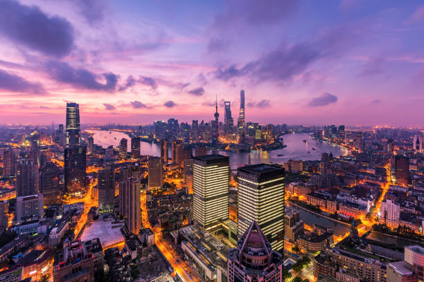 Modern Shanghai Skyline Shanghai Skyline at sunrise shanghai tower stock pictures, royalty-free photos & images