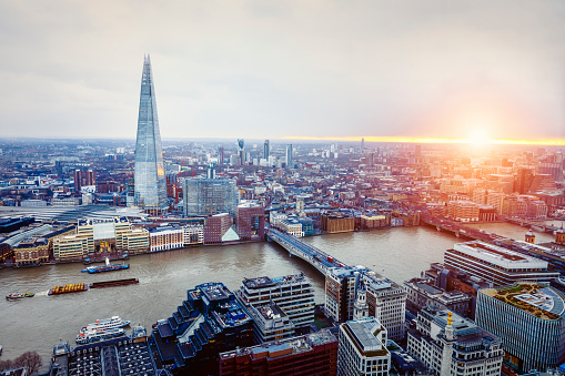 Aerial View of London with Shard and River Thames, UK