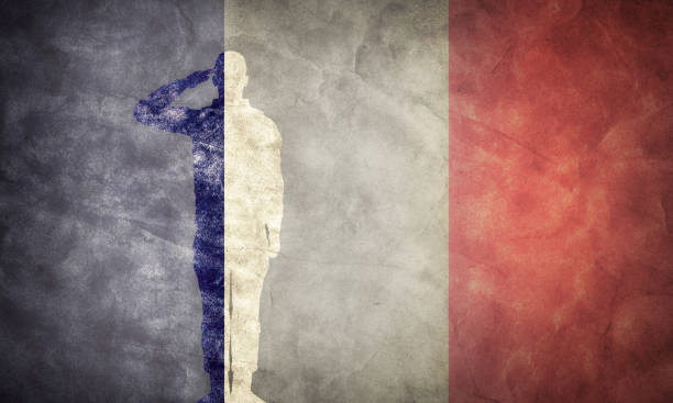 istock French grunge flag with soldier silhouette. 1007144850