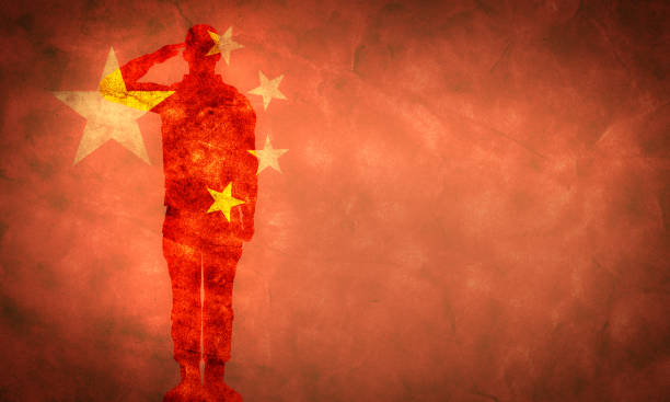 Chinese grunge flag with soldier silhouette.