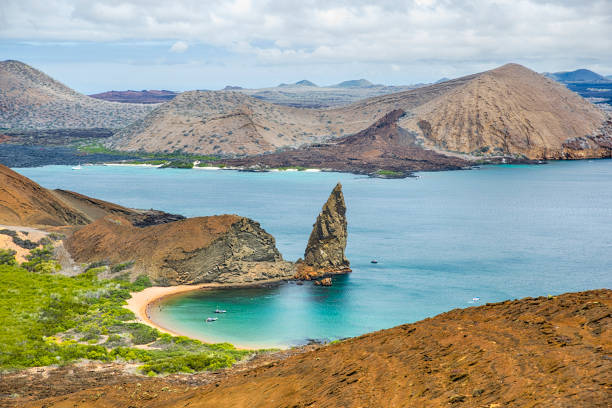 Aerial view of Pinnacle Rock, Bartolome Island, Galapagos, Ecuador Aerial view of the famous Pinnacle Rock on the small island of Bartolome, Galapagos, Ecuador. In the background is Santiago island. isla san salvador stock pictures, royalty-free photos & images