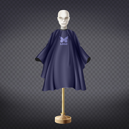Vector 3d realistic dark blue hairdresser apron on white mannequin isolated on transparent background. Professional equipment for hair cutting, nylon protective cape to wear around neck in barbershop