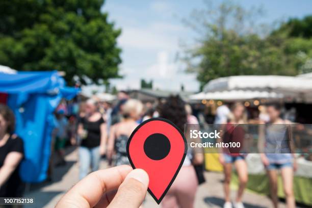 Red Marker On A Street Market Stock Photo - Download Image Now - Market Stall, Symbol, City