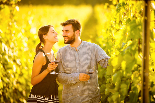 istock Romantic couple tasting wine in the vineyard 1007152758