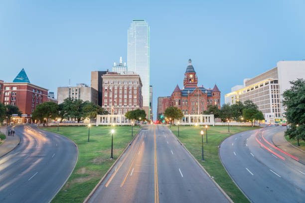 istock Skyline and light trail traffic over Dealey Plaza in Dallas, Texas 1007160384