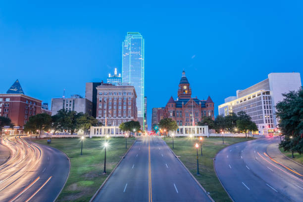 istock Skyline and light trail traffic over Dealey Plaza in Dallas, Texas 1007160806