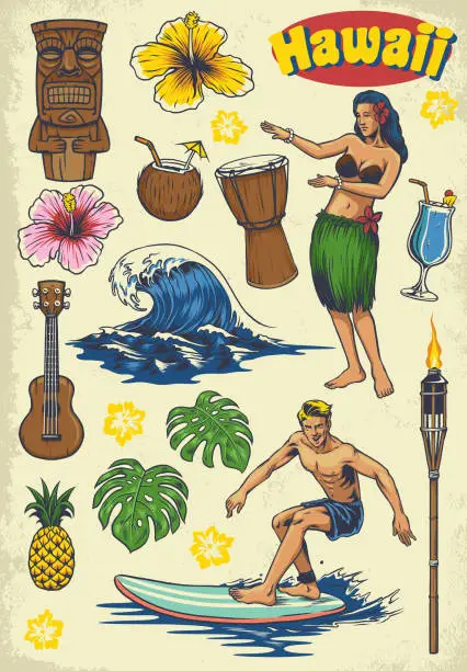 Vector illustration of hand drawing hawaii concept retro set