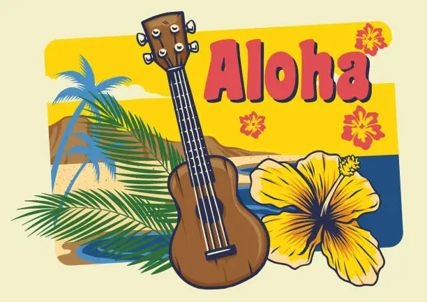 Vector illustration of aloha hawaii ukulele in vintage style