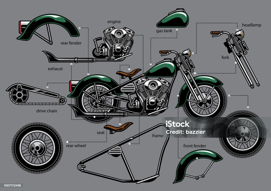 vintage old motorcycle with separated parts vector of vintage old motorcycle with separated parts Motorcycle stock vector