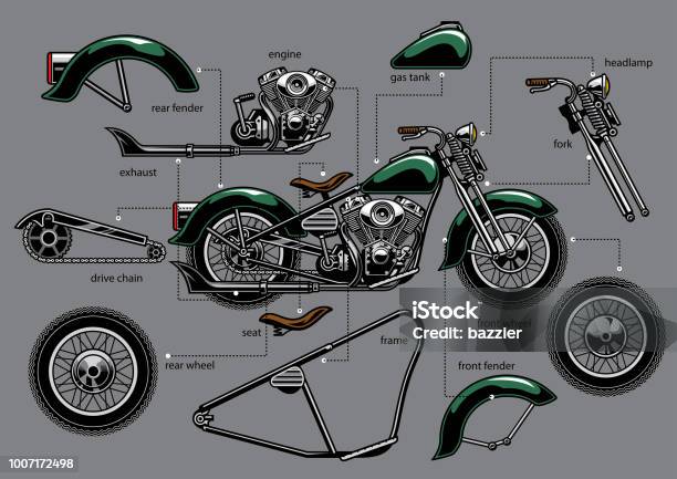 Vintage Old Motorcycle With Separated Parts Stock Illustration - Download Image Now - Motorcycle, Old-fashioned, Retro Style