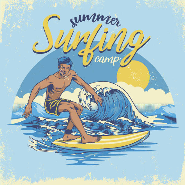 illustrations, cliparts, dessins animés et icônes de vintage main texturé surf conception de dessin - surfing men hawaii islands wave