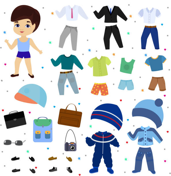 ilustrações de stock, clip art, desenhos animados e ícones de paper doll vector boy dress up clothing with fashion pants or shoes illustration boyish set of male clothes for cutting cap or t-short isolated on white background - short cut