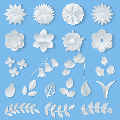 Paper flowers vector floral wedding decoration or flowered greeting card decor for flowering invitation or wallpaper illustration flowery set of beautiful flora leaves isolated on background.