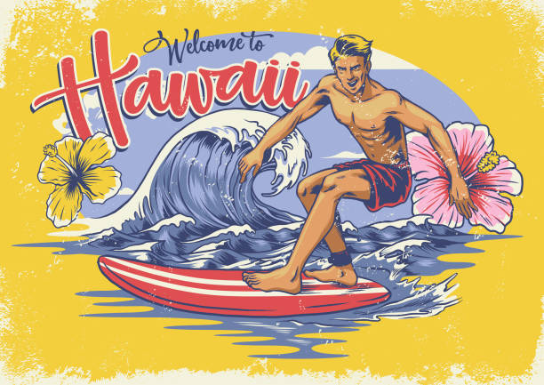 ilustraciones, imágenes clip art, dibujos animados e iconos de stock de bienvenido a surf hawaiano - hawaii islands summer surfboard tropical climate