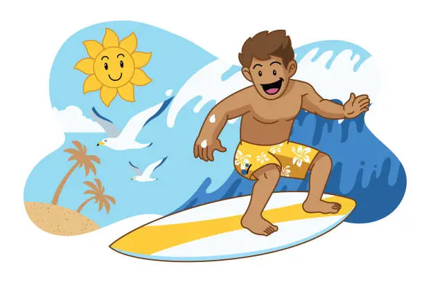 Vector illustration of cute cartoon surfing