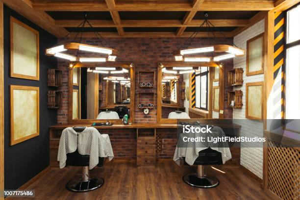 Modern Empty Barbershop Interior With Chairs Mirrors And Lamps Stock Photo - Download Image Now