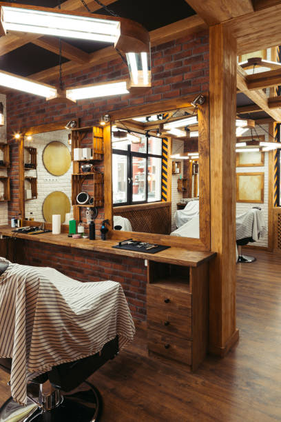 istock stylish illuminated barbershop with modern interior 1007175518
