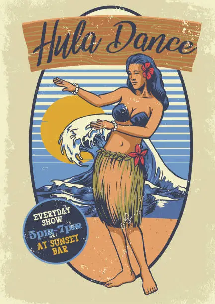 Vector illustration of vintage Hawaiian girl hula dance