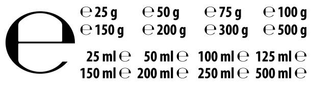 eu 지침 71/316에 의하여 정확한 크기 예상된 e 기호 (e 마크). 일반적으로 사용 되는 무게와 음식과 화장품 라벨에 대 한 볼륨 버전. - grams stock illustrations